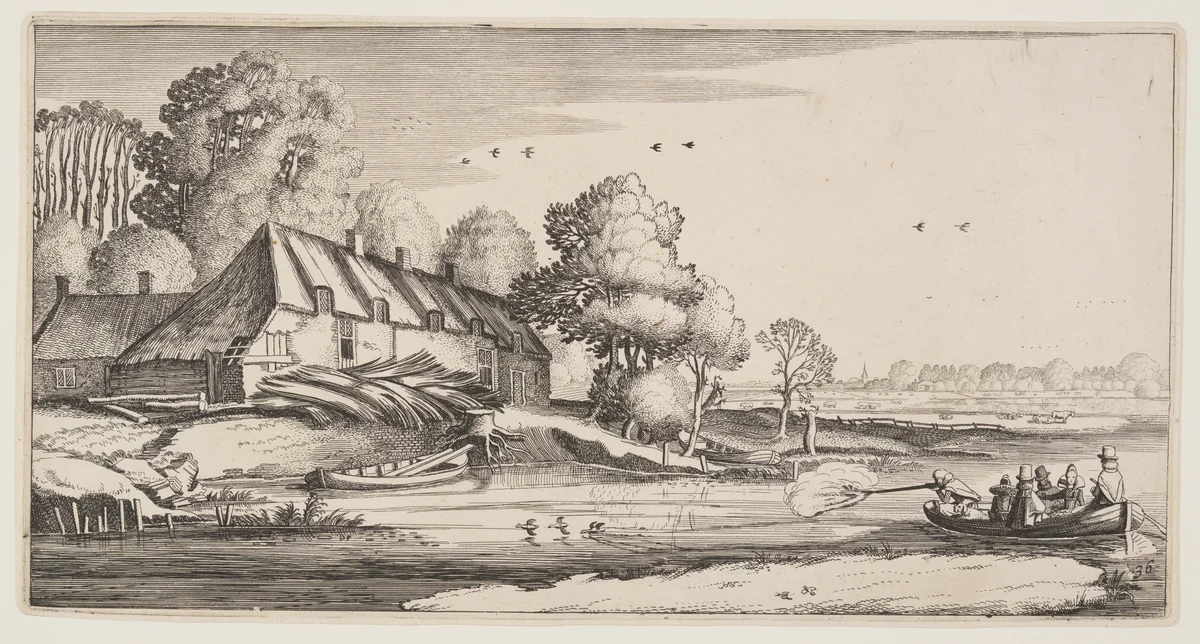 Duck-Shooting From a Row-Boat Near a Farm, from Landscapes (Playsante Lantschappen) by Claes Jansz. Visscher II, print, 1641