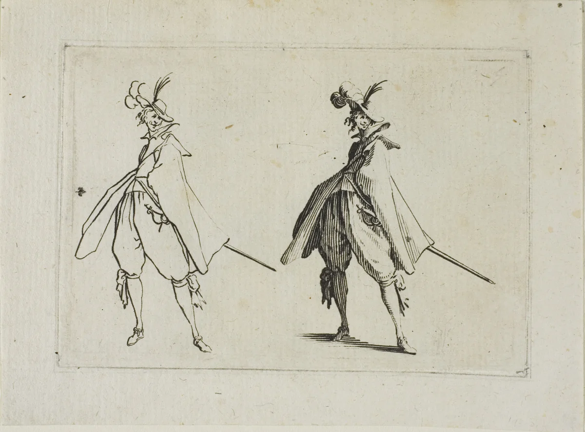 The Gentleman with a Large Coat, Seen from the Front, from The Caprices by Jacques Callot, print, 1617-1627