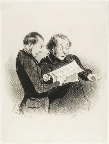 The Illustrated Rebus. “- Singular! I cannot guess the rebus in today's Charivari! - I think I have one word - I have several words - I have it all! I must run and tell my wife,” plate 39 from Les Beaux Jours De La Vie by Honoré-Victorin Daumier, print, 1845