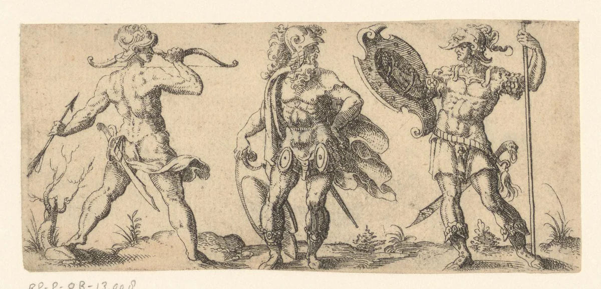 Drie krijgers, van wie een met pijl en boog by Jost Amman, print, 1590