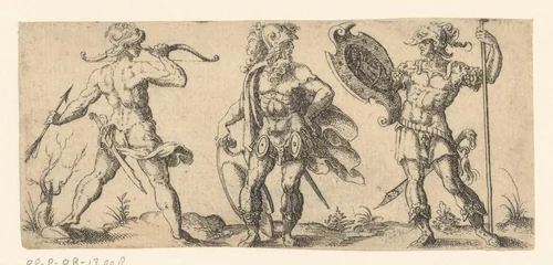 Drie krijgers, van wie een met pijl en boog by Jost Amman, print, 1590