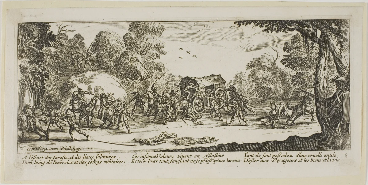 Attack on a Coach, plate eight from The Large Miseries of War by Gerrit Lucasz van Schagen, print, 1612-1635
