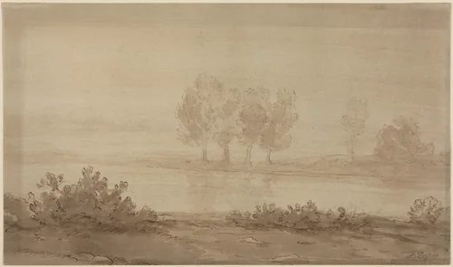 Landscape - Four Trees beyond a River by Alphonse Legros, drawing, 1837-1911