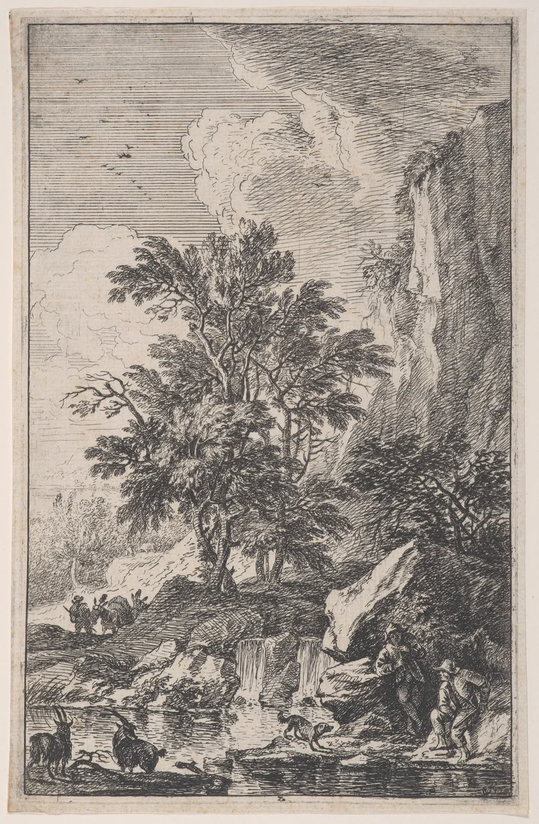 Plate 3: two goats on a lakeshore, two male figures and a dog at right, another peasant approaching with a mule at left in the background, from 'Landscapes in the manner of Salvator Rosa' (Die Landschaften in Sal. Rosa's) by Franz Joachim Beich, print, 1695-1730