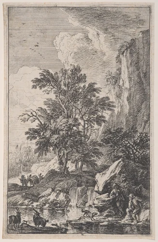 Plate 3: two goats on a lakeshore, two male figures and a dog at right, another peasant approaching with a mule at left in the background, from 'Landscapes in the manner of Salvator Rosa' (Die Landschaften in Sal. Rosa's) by Franz Joachim Beich, print, 1695-1730