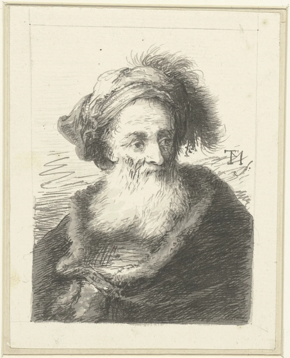 Buste van een oude man by Johann Georg Trautmann, drawing, 1723-1769
