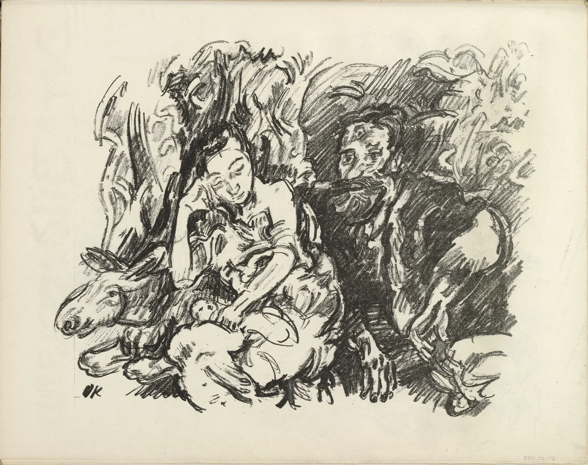 The Holy Family. Rest on the Flight to Egypt (Die Heilige Familie. Rast auf der Flucht nach Ägypten) (plate, folio 37 verso) from the periodical Der Bildermann, vol. 1, no. 18 (Dec 1916) by Oskar Kokoschka, periodical, 1916