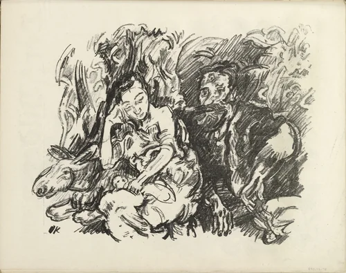 The Holy Family. Rest on the Flight to Egypt (Die Heilige Familie. Rast auf der Flucht nach Ägypten) (plate, folio 37 verso) from the periodical Der Bildermann, vol. 1, no. 18 (Dec 1916) by Oskar Kokoschka, periodical, 1916