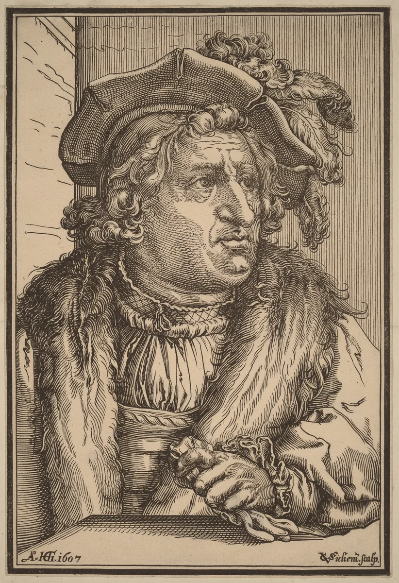 Man with a Plumed Cap by Christoffel van Sichem I; Hendrick Goltzius, print, 1607