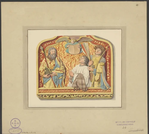 Muurschildering met mecenas, Longinus en Sebastiaan by anonymous, drawing, 1800-1899