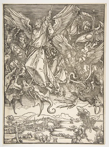 Saint Michael and the Dragon, from "The Apocalypse" by Albrecht Dürer, print, 1498