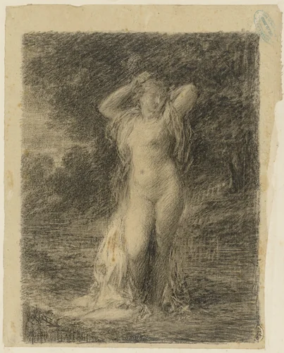 Staande naakte vrouw in een boslandschap met water by Henri Fantin-Latour, drawing, 1846-1904