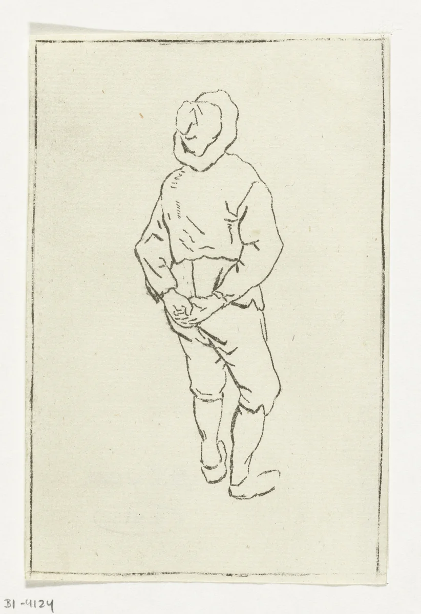 Man met handen op de rug en hoed by Anthonie van den Bos, print, 1778-1838