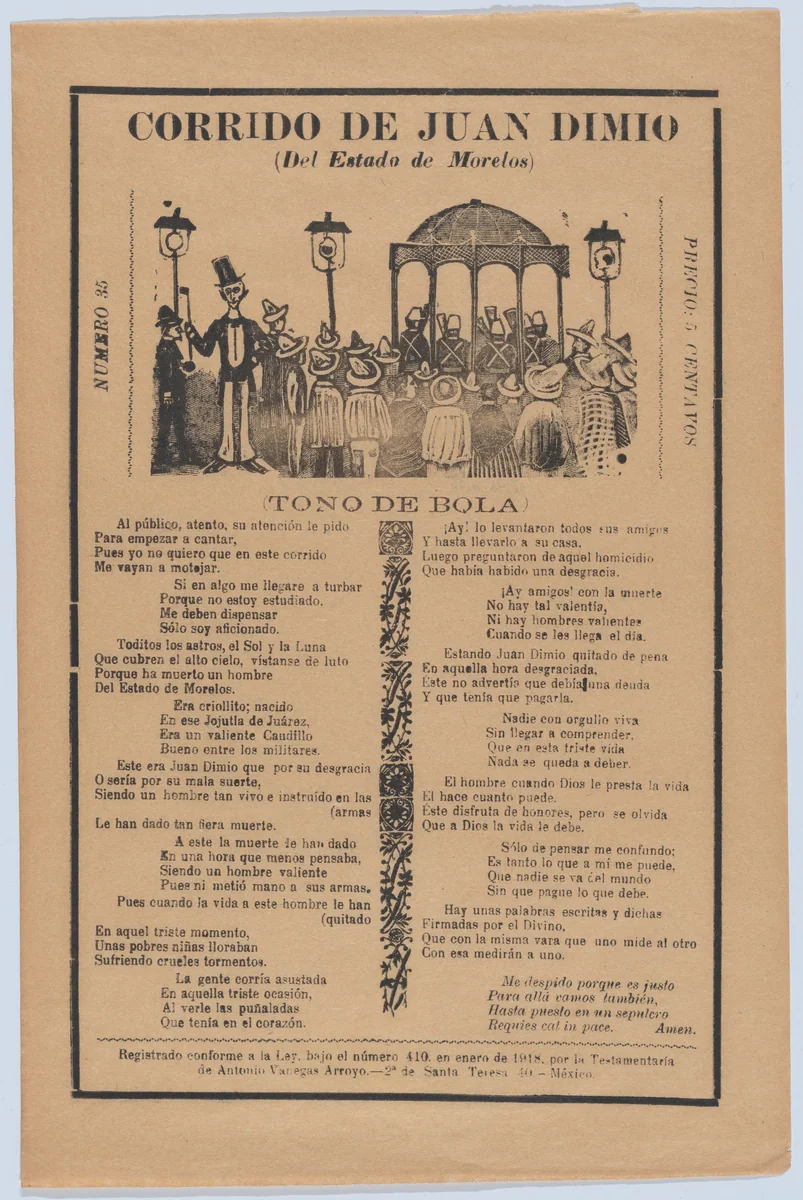 Broadsheet relating to the death of Juan Dimio, crowd of people gathered around a gazebo while a man wearing a top hat looks out toward viewer by José Guadalupe Posada, print, 1913-1923