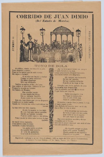 Broadsheet relating to the death of Juan Dimio, crowd of people gathered around a gazebo while a man wearing a top hat looks out toward viewer by José Guadalupe Posada, print, 1913-1923