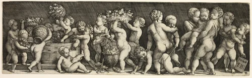 Children Gathering Grapes by Master I.B., print, 1529