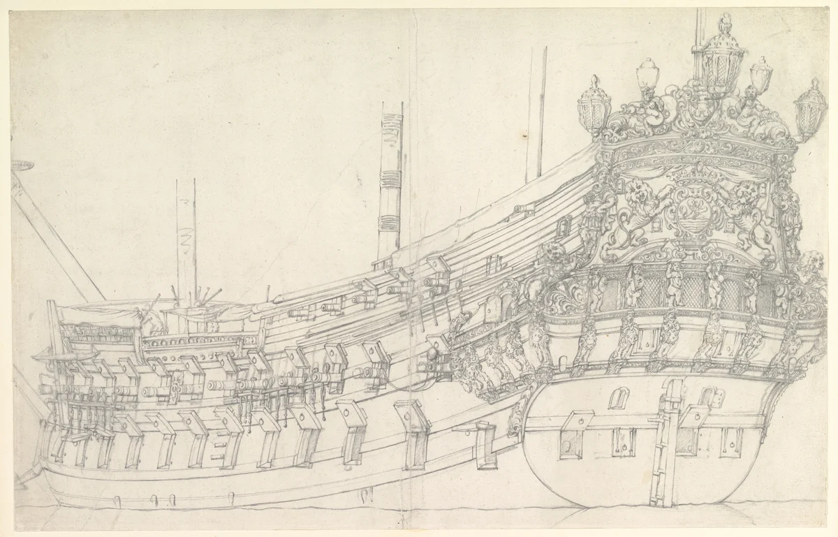 Dutch Ship: The Tholen (?) by Willem van de Velde, drawing, 1625-1693