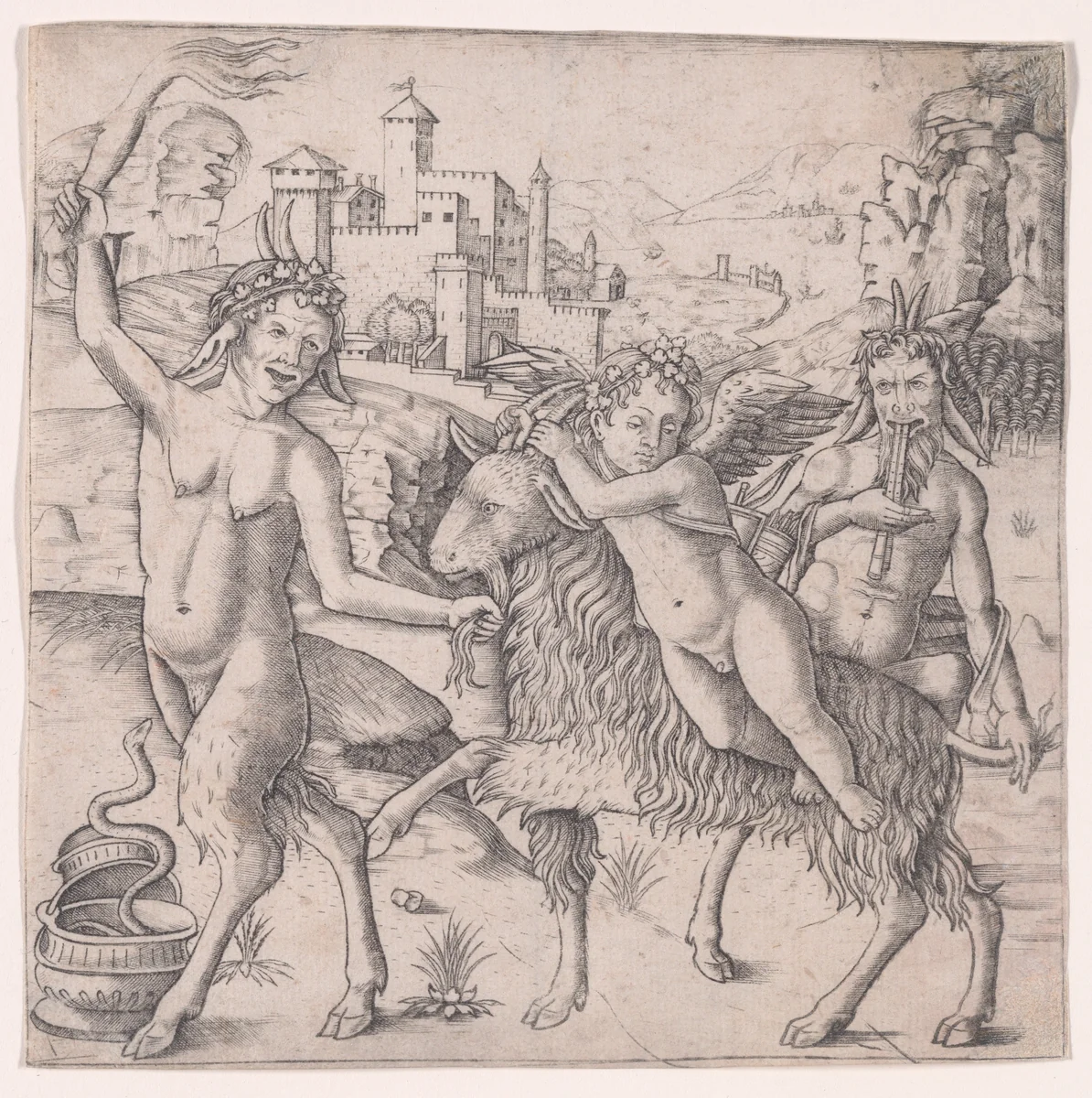 Cupid riding a goat accompanied by two satyrs, landscape in the background by Giovanni Pietro da Birago, print, 1495-1505