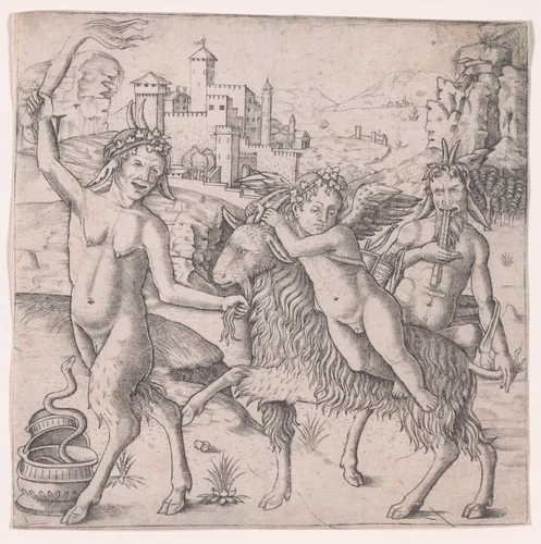 Cupid riding a goat accompanied by two satyrs, landscape in the background by Giovanni Pietro da Birago, print, 1495-1505