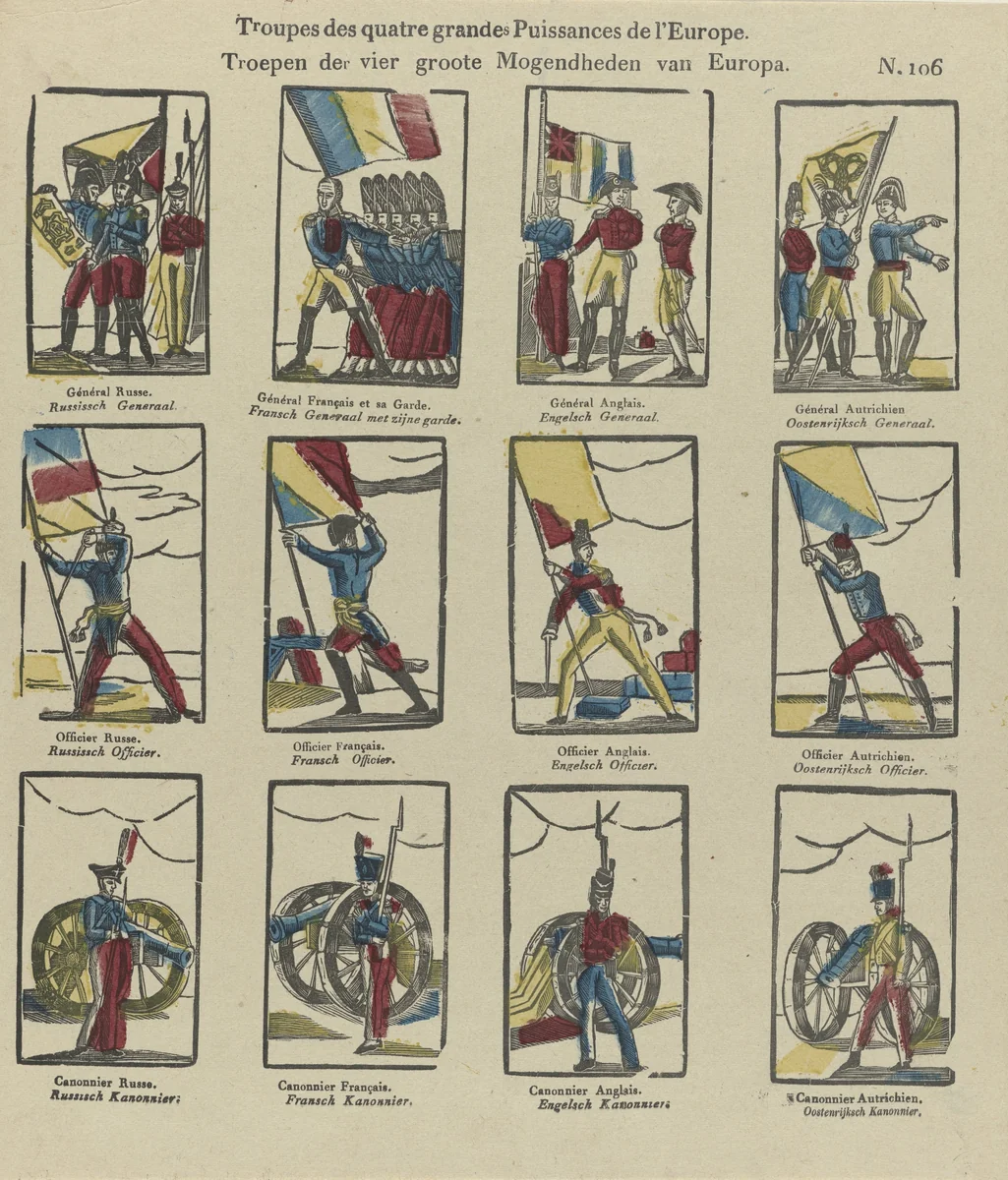 Troupes des quatre grandes Puissances de l'Europe / troepen der vier groote mogendheden van Europa by Philippus Jacobus Brepols, print, 1800-1833