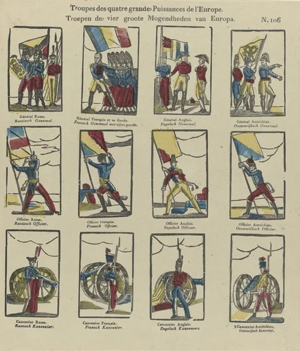 Troupes des quatre grandes Puissances de l'Europe / troepen der vier groote mogendheden van Europa by Philippus Jacobus Brepols, print, 1800-1833