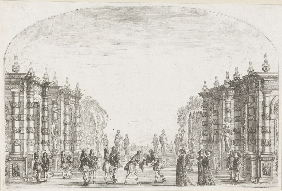 Vierde acte van 'Mirame' met zestien acteurs by Stefano della Bella, print, 1641