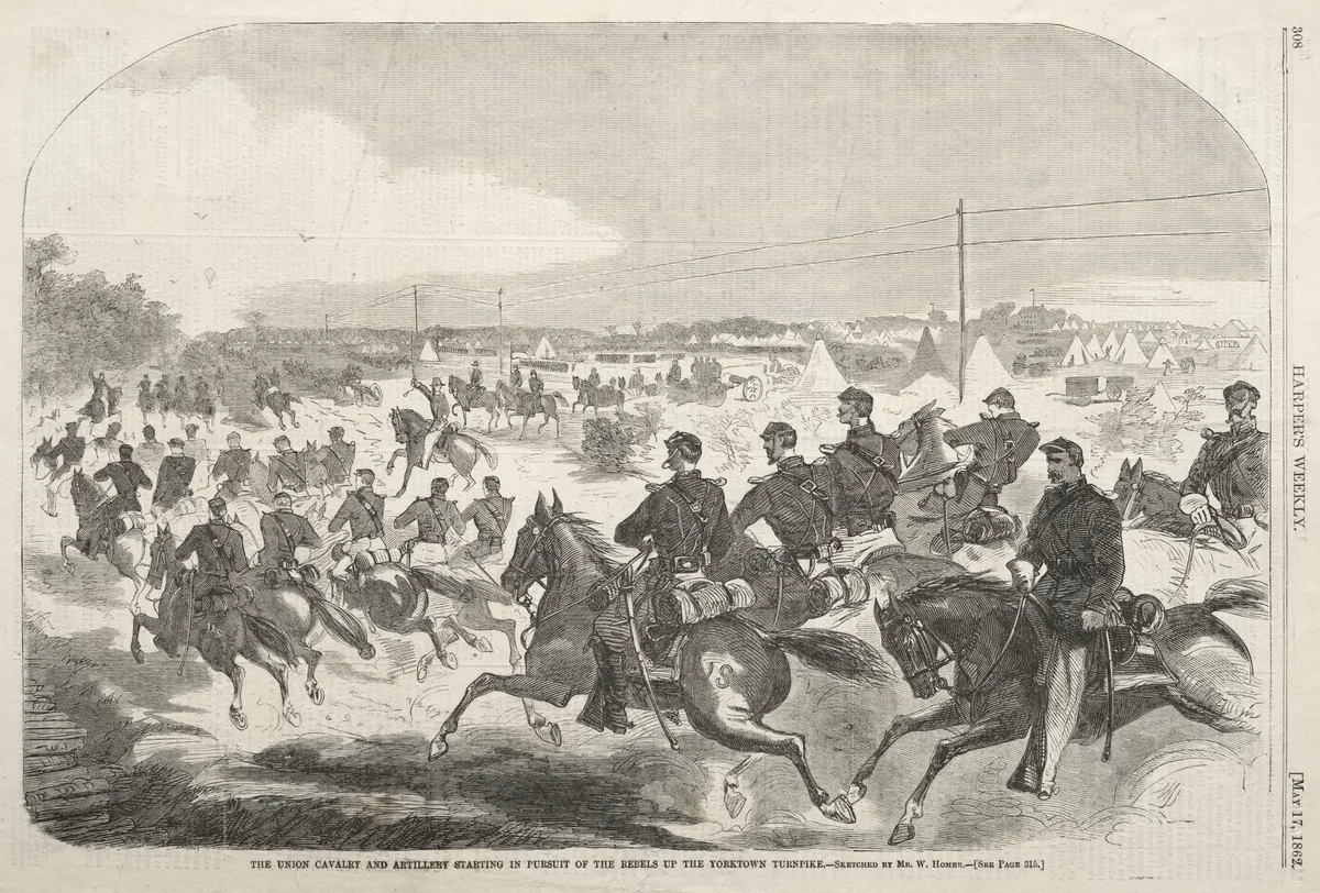 The Union Cavalry and Artillery Starting in Pursuit of the Rebels up the Yorktown Turnpike by Winslow Homer, print, 1862