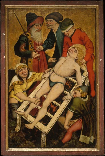 The Martyrdom of Saint Lawrence; (reverse) Giving Drink to the Thirsty by Master of the Acts of Mercy, painting, 1460-1470