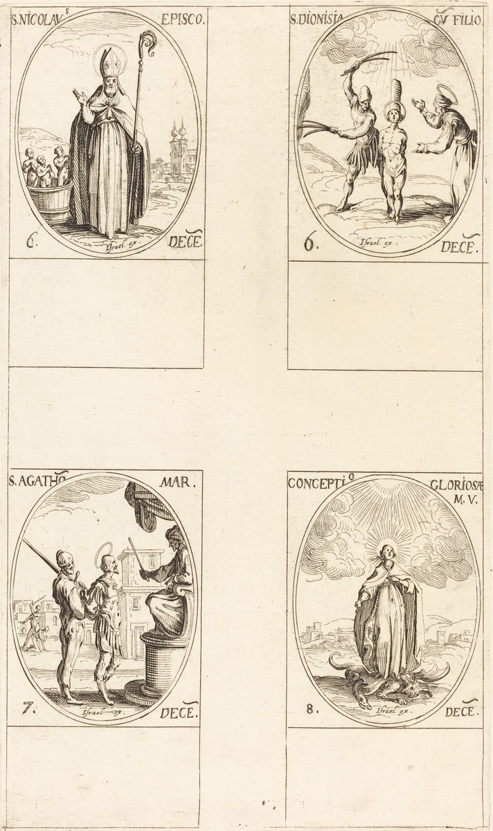 St. Nicholas; St. Dionisia and Son; St. Agatha; Conception of the Virgin by Jacques Callot, print, 1627-1637