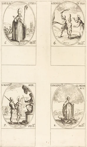 St. Nicholas; St. Dionisia and Son; St. Agatha; Conception of the Virgin by Jacques Callot, print, 1627-1637