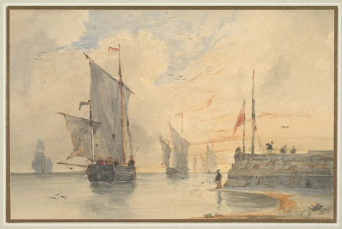 Fishing Luggers (Chasse-marée) Making Sail, Off Calais by Louis François Thomas Francia, drawing, 1818-1828