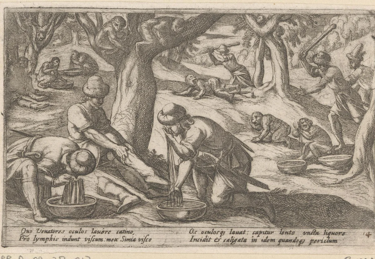 Jagers vangen apen by Antonio Tempesta, print, 1602