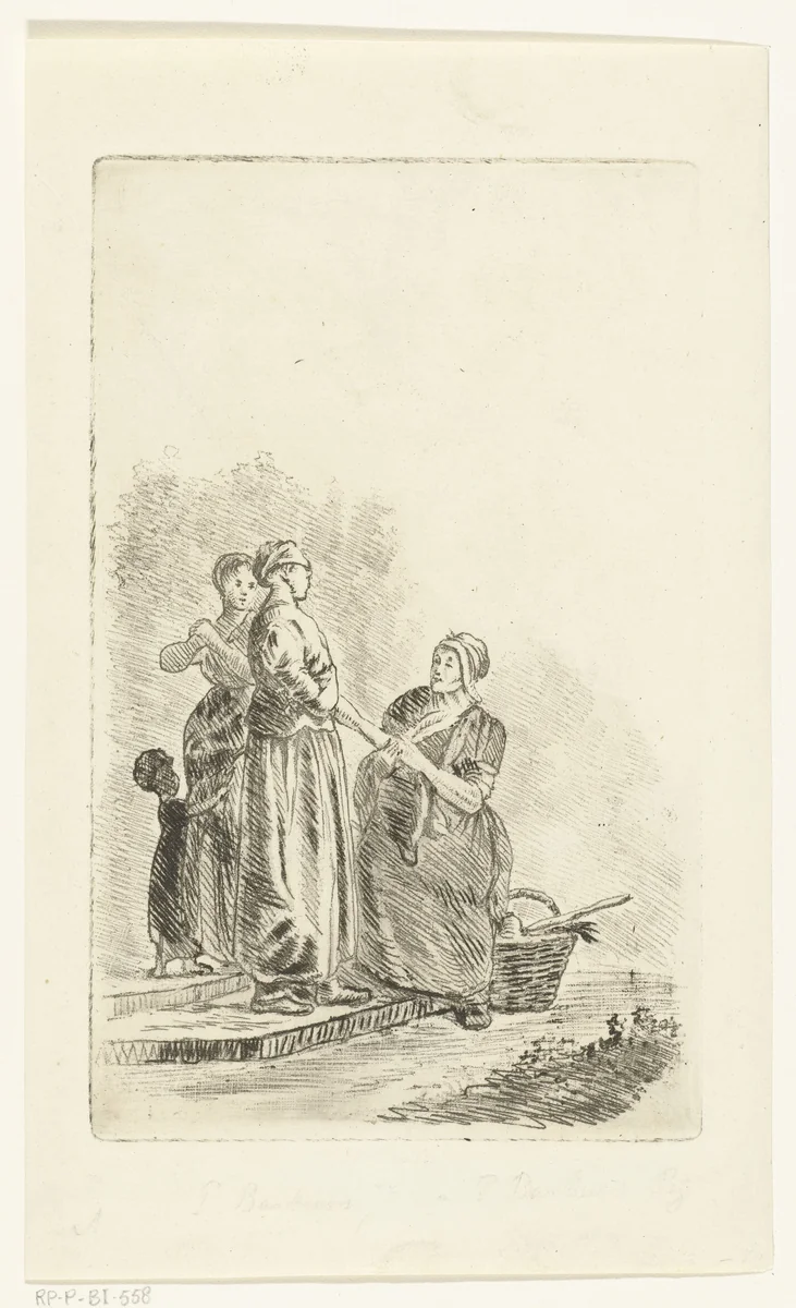 Drie vrouwen en kind op stoep by Pieter Barbiers, print, 1808-1848