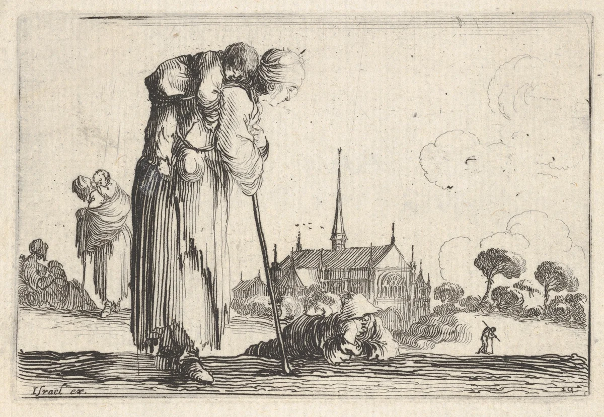 Plate 10: A peasant woman turned towards the right with a child on her back, a boy lying on the ground behind her in center, two women and a child to left in middleground, a church to right in background, from "Caprice faict par de la Bella" by Stefano della Bella, print, 1640-1645