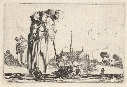 Plate 10: A peasant woman turned towards the right with a child on her back, a boy lying on the ground behind her in center, two women and a child to left in middleground, a church to right in background, from "Caprice faict par de la Bella" by Stefano della Bella, print, 1640-1645