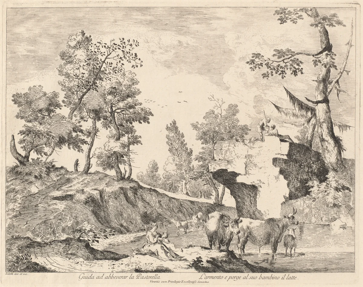 Landscape with Shepherdess and Herd at a Watering Hole by Domenico Bernardo Zilotti, print, 1730-1795