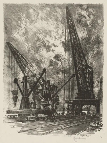 English War Work: Taking the Big Gun Away by Joseph Pennell, print, 1916