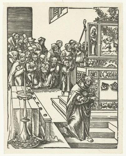 Johannes de Evangelist daalt af in eigen graf by Lucas Cranach, print, 1510-1514