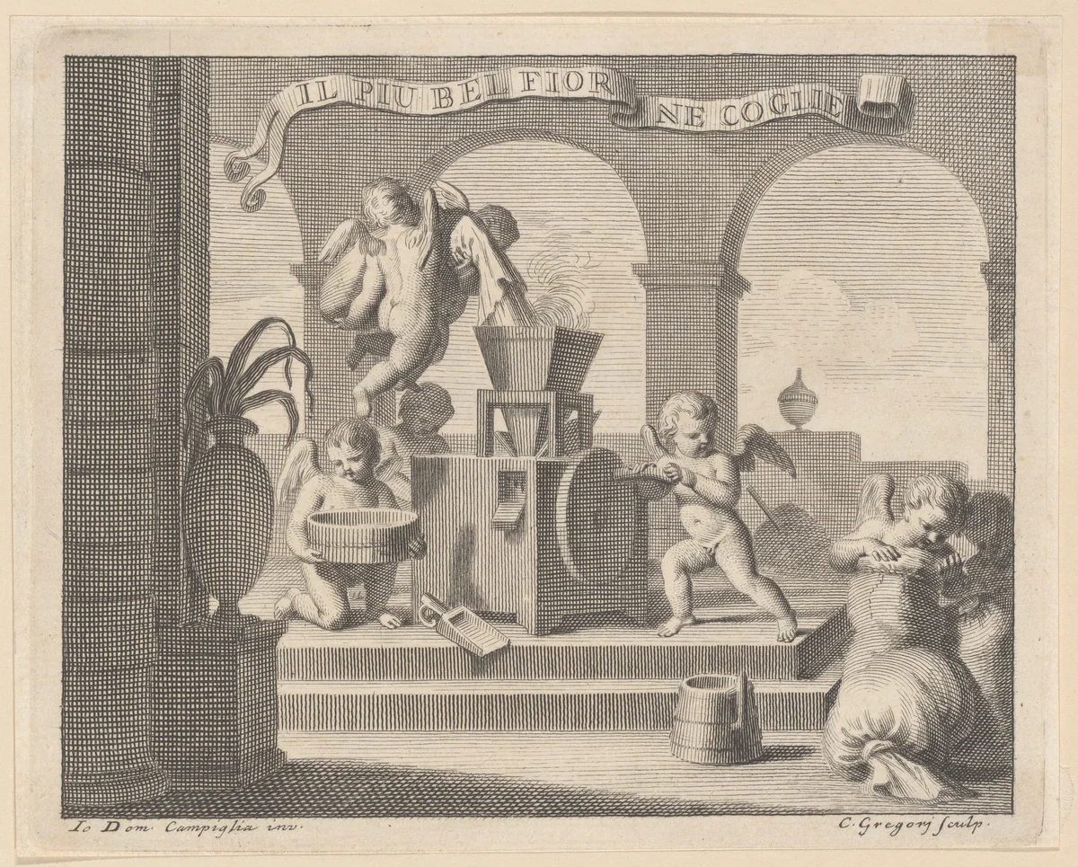 She gathers the fairest flower (Il più bel fior ne coglie), a group of six putti working together in an arched workshop by Carlo Gregori, print, 1740-1759