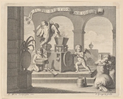 She gathers the fairest flower (Il più bel fior ne coglie), a group of six putti working together in an arched workshop by Carlo Gregori, print, 1740-1759