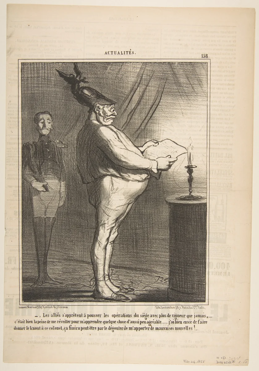 Les allies s'apprètent à pousser les opérations du siège avec plus de vigueur que jamais…, from "Actualités" by Honoré Daumier, print, 1855