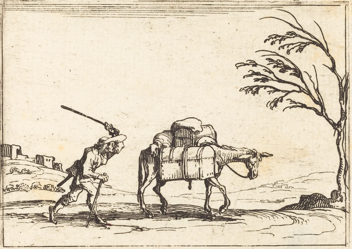 Peasant Whipping his Donkey by Jacques Callot, print, 1628