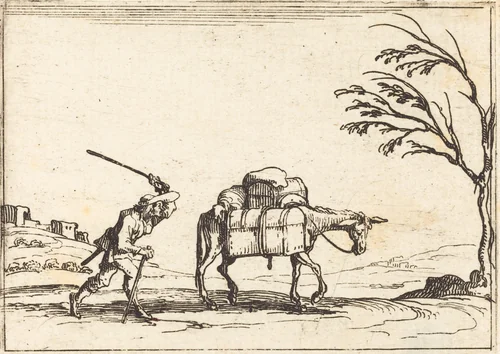 Peasant Whipping his Donkey by Jacques Callot, print, 1628