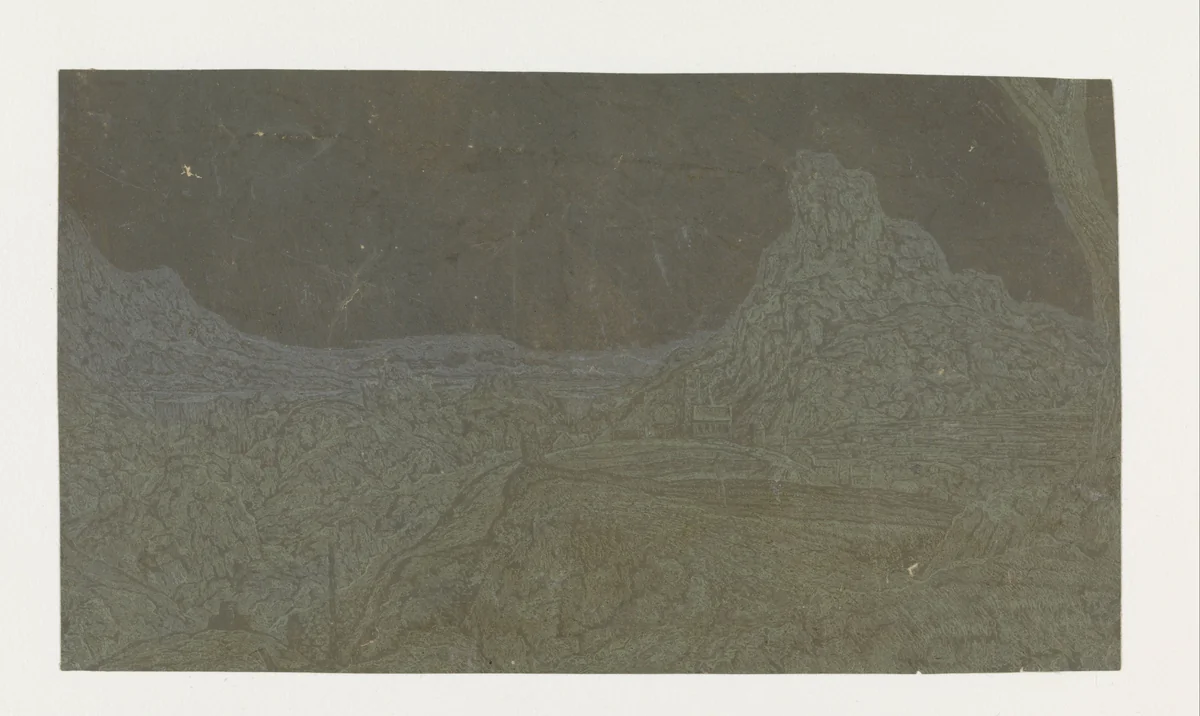 Berglandschap met een puntige rots, tweede versie by Hercules Segers, print, 1622-1625