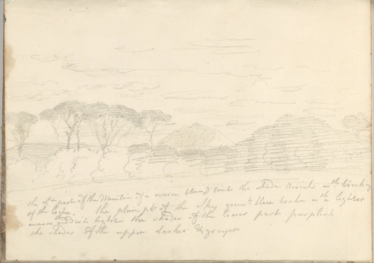 Landscape with umbrella pines and a distant mountain, near Rome (Smaller Italian sketchbook, leaf 41 recto) by Joseph Wright, drawing, 1774-1775
