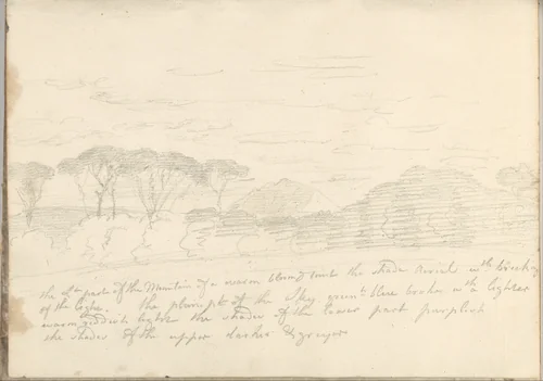 Landscape with umbrella pines and a distant mountain, near Rome (Smaller Italian sketchbook, leaf 41 recto) by Joseph Wright, drawing, 1774-1775