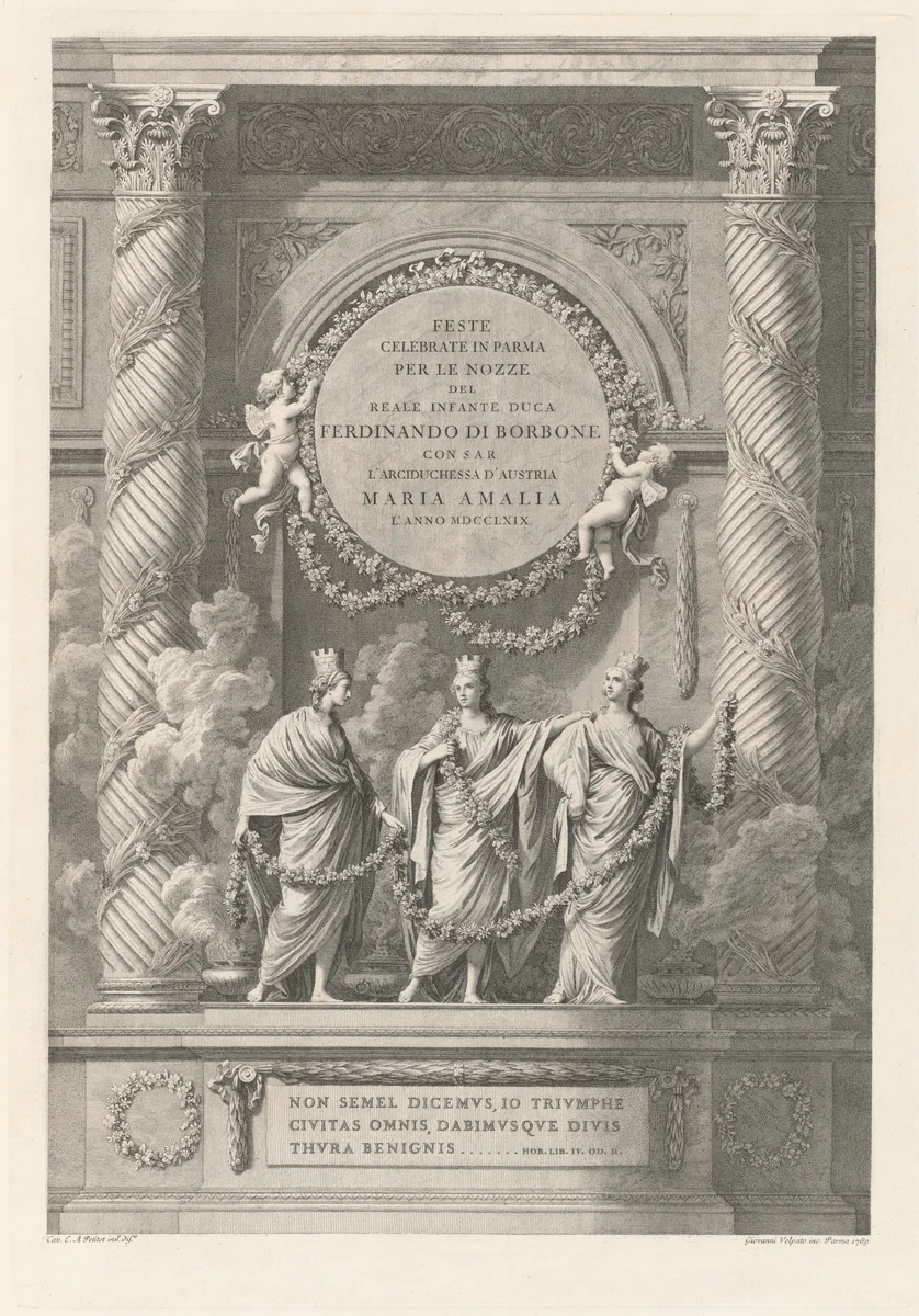 Descrizione delle feste celebrate in Parma l'anno MDCCLXIX per le auguste nozze di Sua Altezza Reale L'Infante Don Ferdinando colla Reale l'Archiduchessa Maria Amalia. by Various artists, volume, 1769