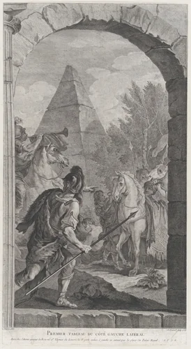 The Chapel of the Enfants-Trouvés in Paris: La Suite des rois mages: gardes et trompettes by Etienne Fessard, print, 1754