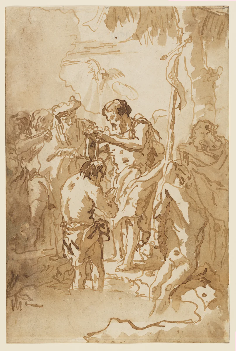 The Baptism of Christ (with Christ Standing at Left Center, His Back Turned, and a Youth Stripping in the Right Foreground) by Giovanni Domenico Tiepolo, drawing, 1767-1793