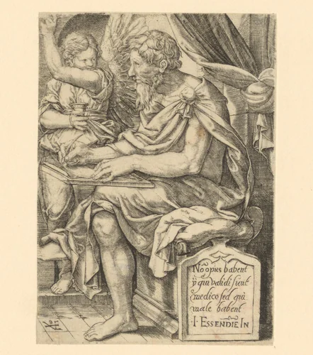 Apostel Mattheüs schrijft het evangelie by Unknown, print, 1542